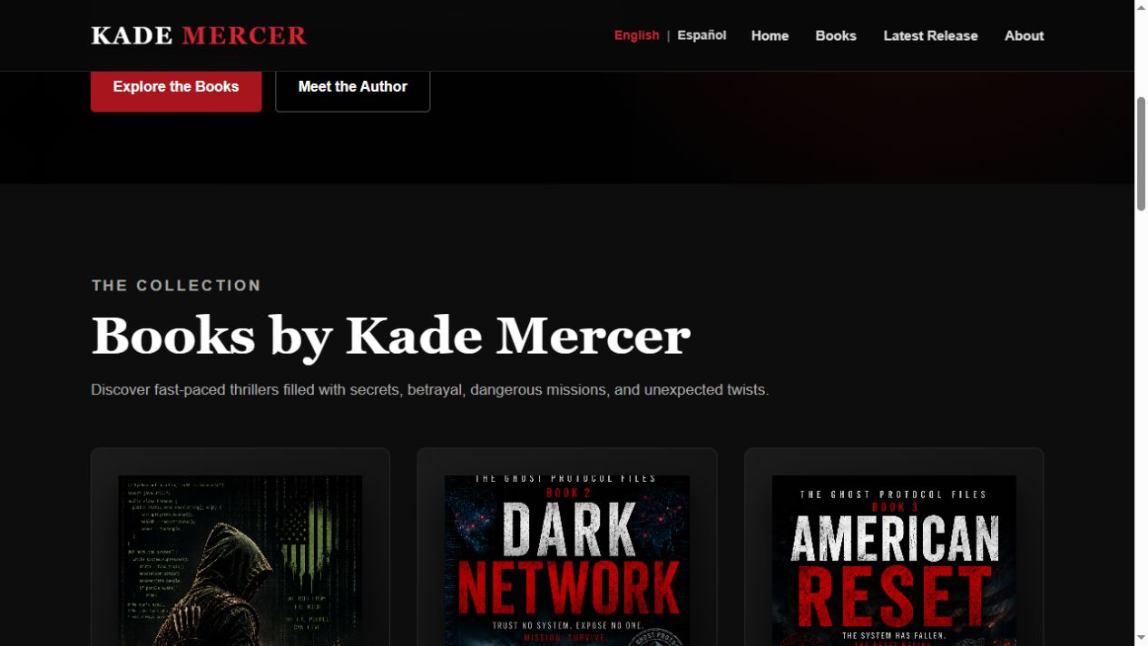 Screenshot of the Kade Mercer book collection and cover showcase
